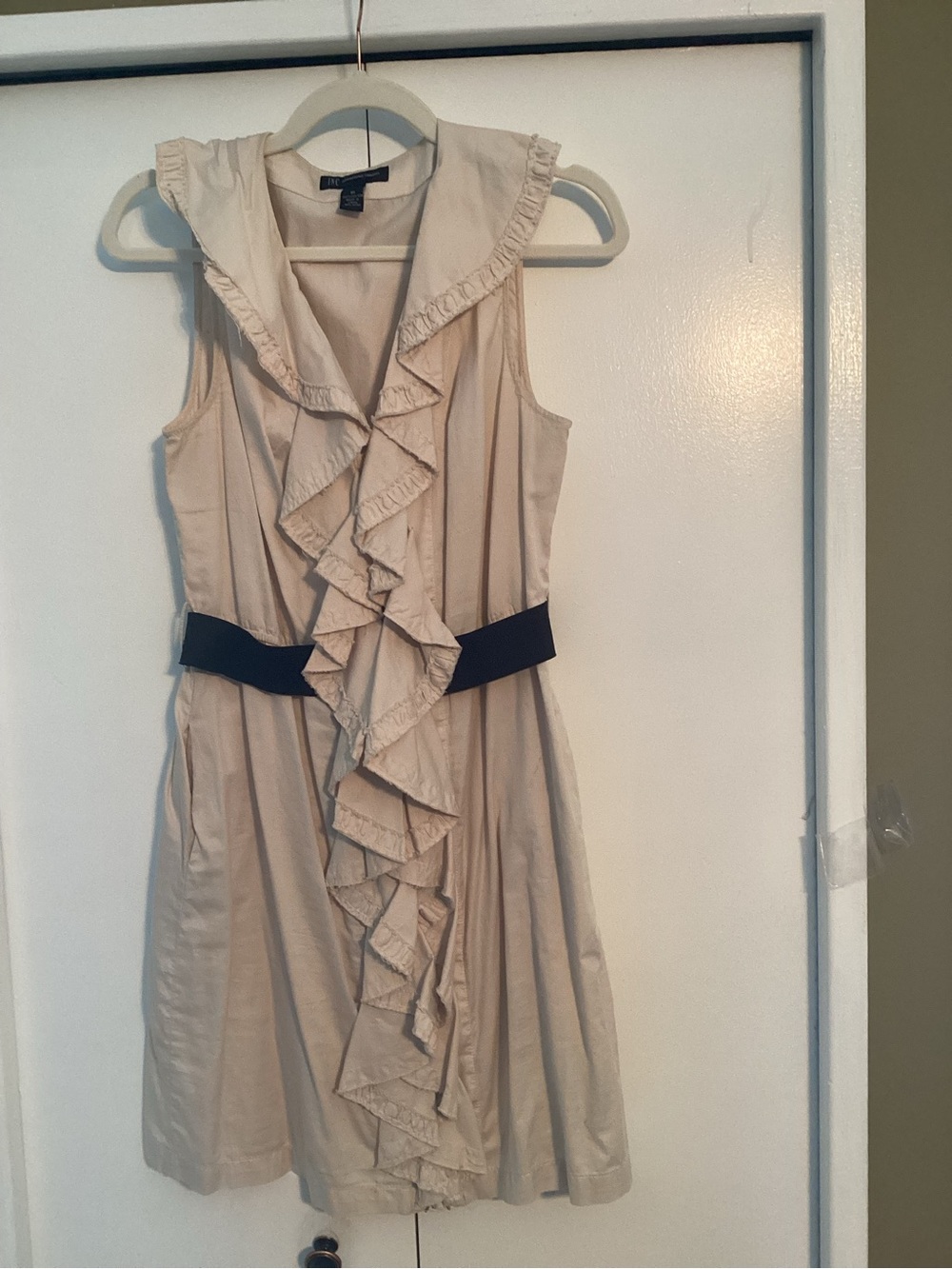 INC International Concepts Cream Ruffle-Front Mini Dress with Black Waistband